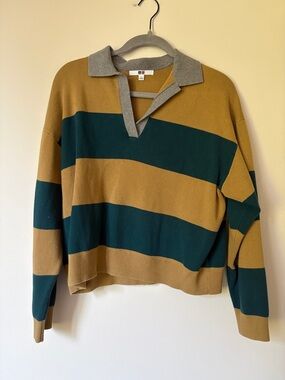 Uniqlo Striped Polo Sweater in Mustard and Teal with Gray Collar